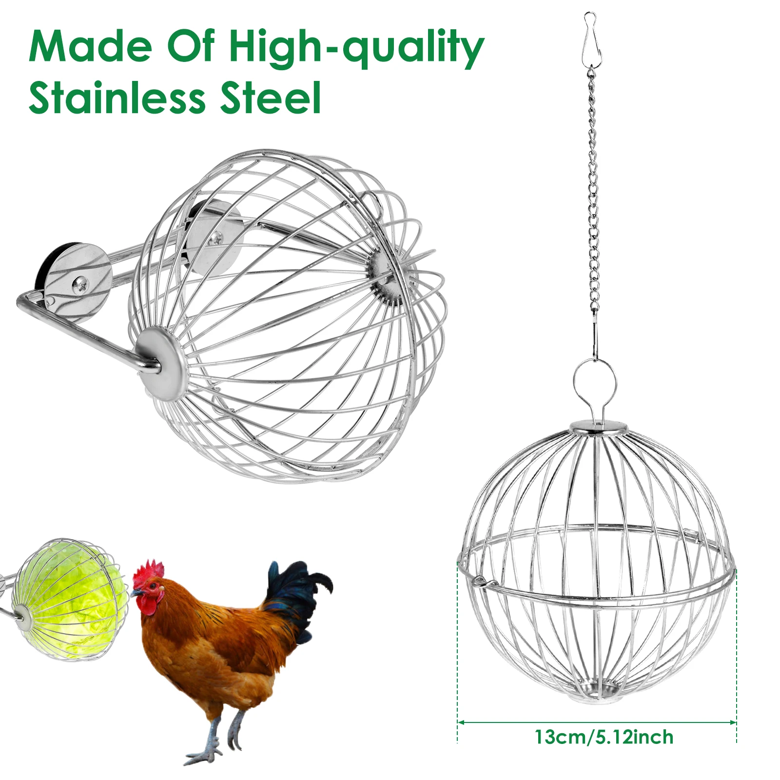 Chicken Vegetable Hanging Feeder Stainless Steel Poultry Feeder Ball Metal Detachable Feeding Ball with Chain Reusable Hanging