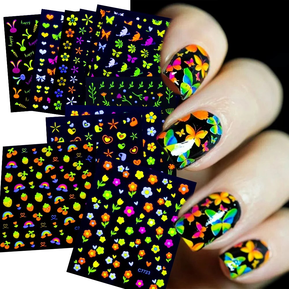 24Pcs Fluorescence Luminous Flowers 3D Nail Sticker Set 5.5*6cm Kawaii 3D Colorful Floret Nail Decal Glow-In-Dark Flower Slider