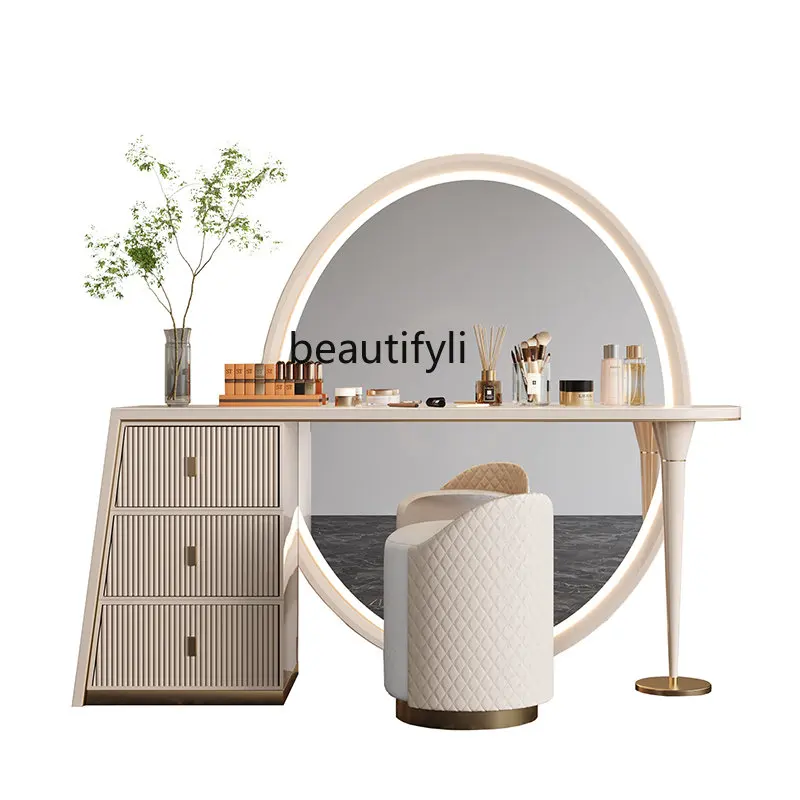 Italian Style Light Luxury Stone Plate Dressing Table Bedroom Makeup Table Modern Minimalist Full-Length Mirror Advanced Sense