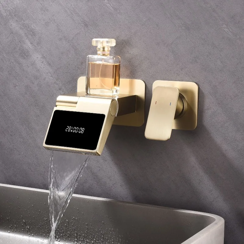 

All-copper brushed gold concealed digital display folding basin faucet household high-end embedded digital display faucet