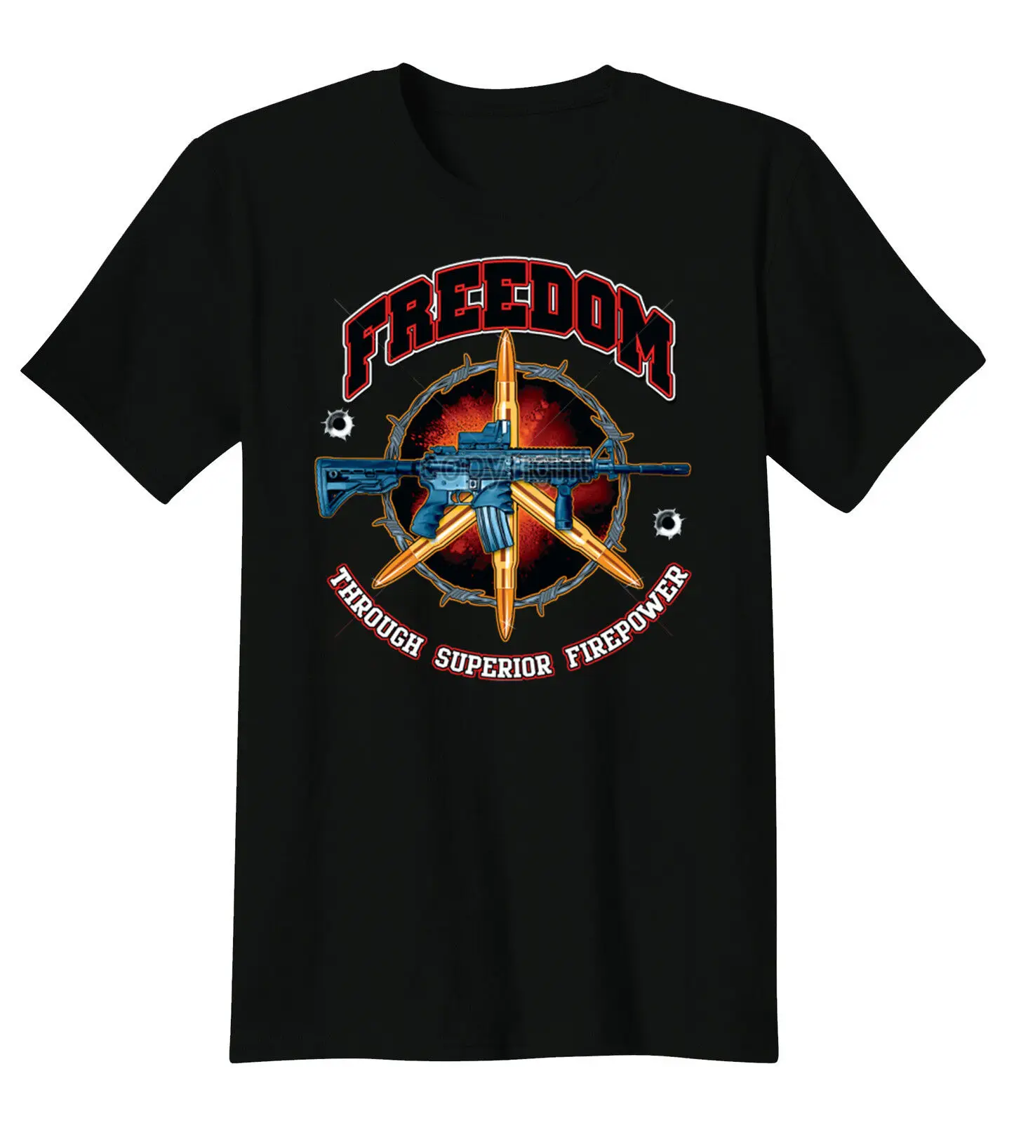 

Freedom Through Superior Firepower AR-15 Rifle 2nd Amendment T Shirt New 100% Cotton Short Sleeve O-Neck Tshirt Casual Mens Top