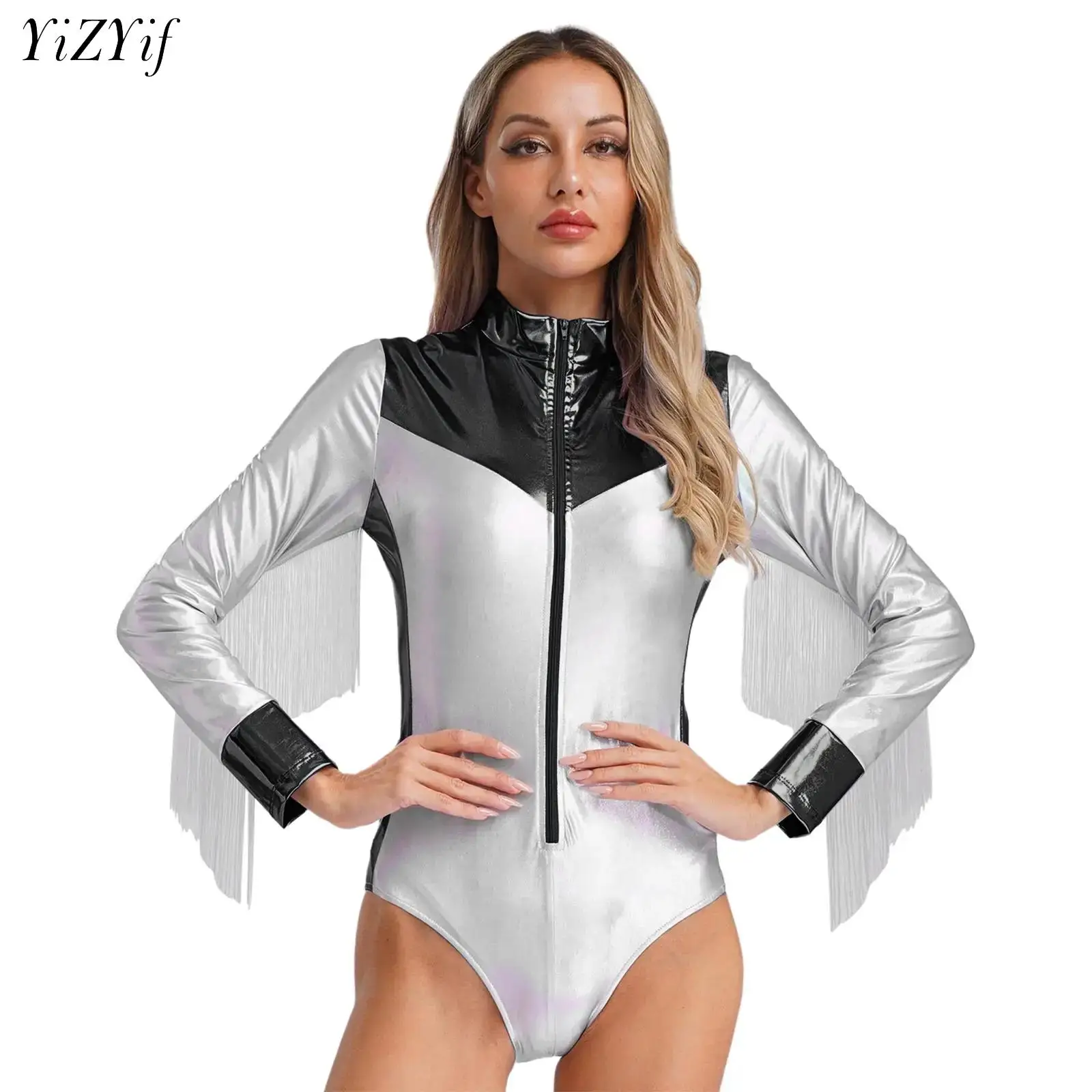 

Women Alien Costume Halloween Space Man Outer Space Cosplay Suit Metallic Long Sleeves Front Zip Tassel Leotard Gymnastic Romper