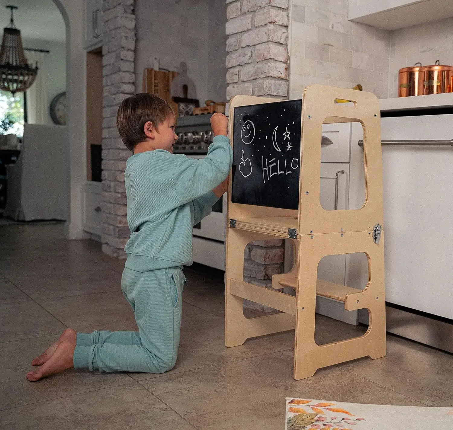 4-in-1 Foldable Kitchen Tower - Toddler Step Stool with Chalkboard, Desk Table and Chair