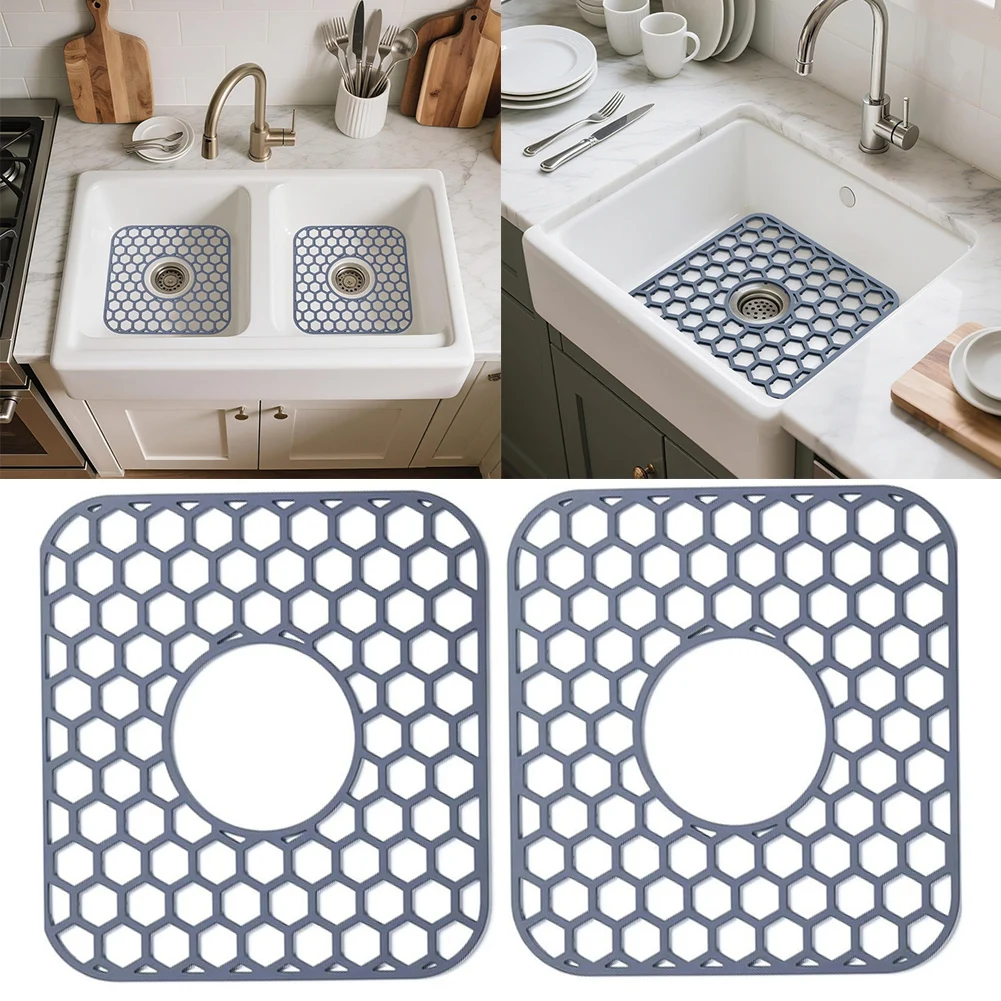 2 Piece Silicone Sink Protector Mat Set 12.35 x 11.5 x 0.35 in Gray Heat Resistant 450F Non Slip Drainage Friendly