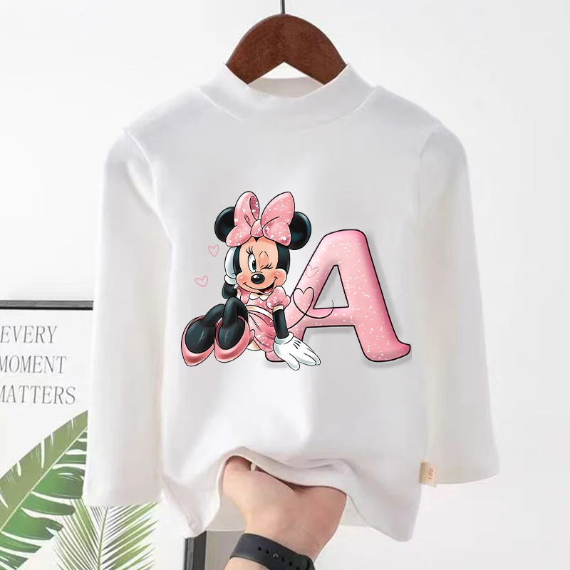 New Disney Minnie Mouse Children Tops Kawaii Cartoon Letter Graphic T-shirt Kids Casual Long-sleeved Tops Autumn Girls Clothes