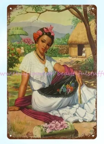 Mexico Mexican art Latina Senorita metal tin sign service pub studio  plaques