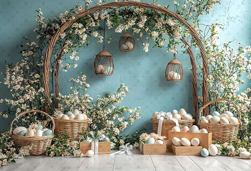 Mehofond التصوير خلفية الربيع عيد الفصح الأزرق جدار قوس الأزهار البيض طفل حفلة عيد ميلاد صورة ديكور خلفية استوديو الصور