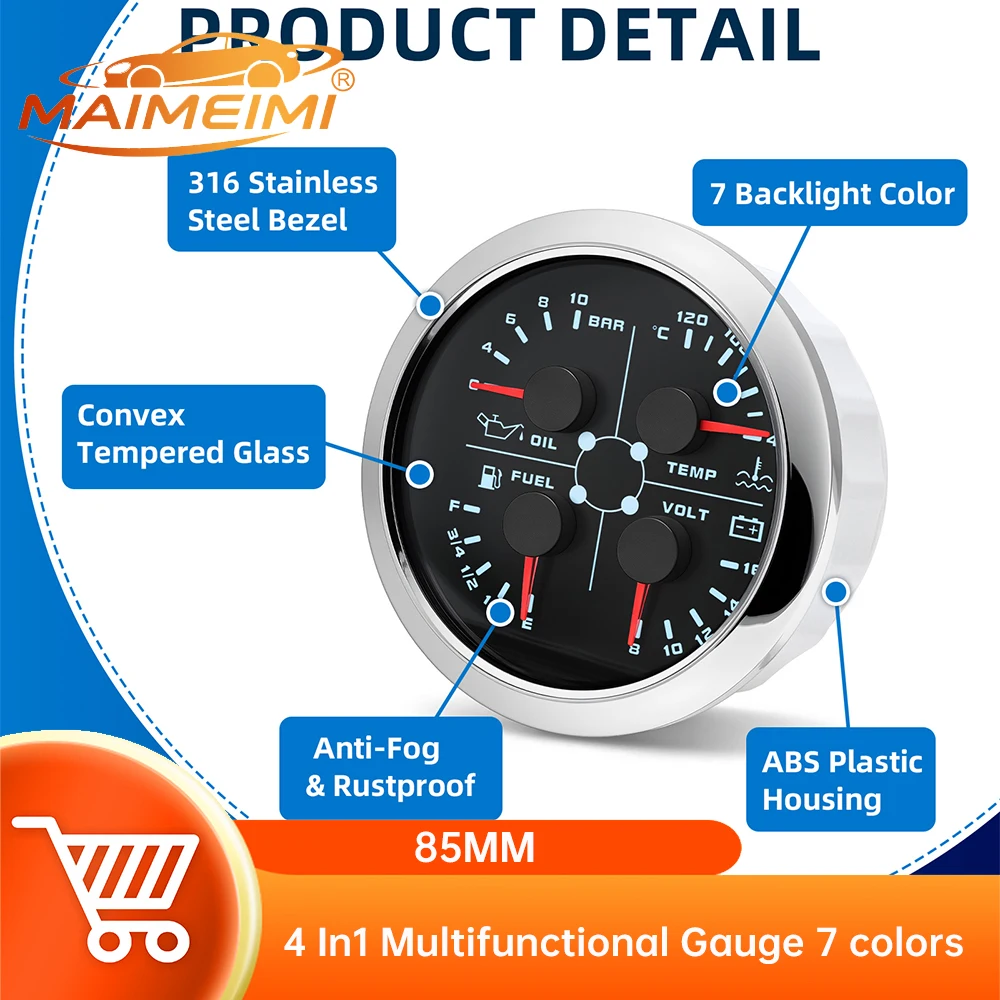 4 in1 Multifunctional Gauge 85mm Boat Speedometer with 7 Colors  Oil Pressure+Water Temp+Fuel Gauge+voltage for Car Marine Boat view 2