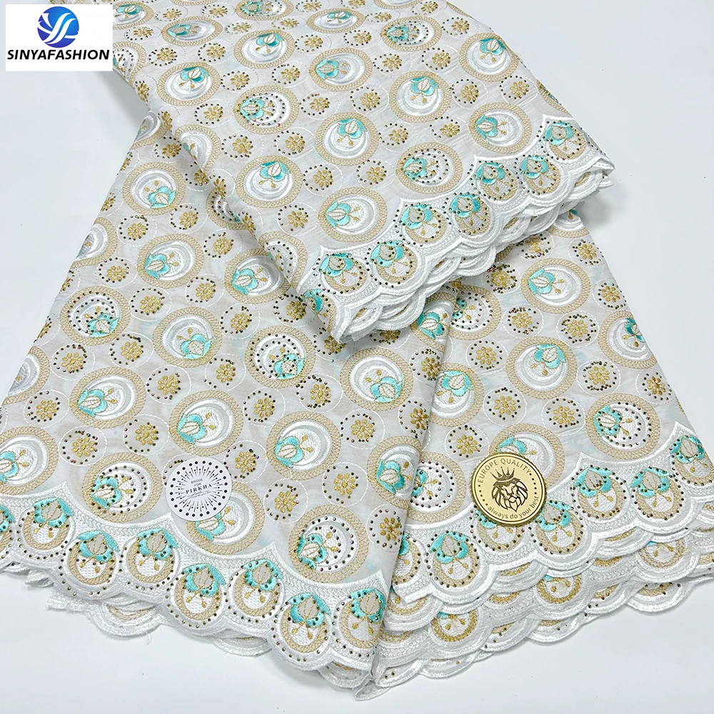 Imagem -03 - Sinya-african Cotton Lace Fabrics With Stones For Women Dress Cebolas Ouro Branco Swiss Voile Suíça Alta Qualidade