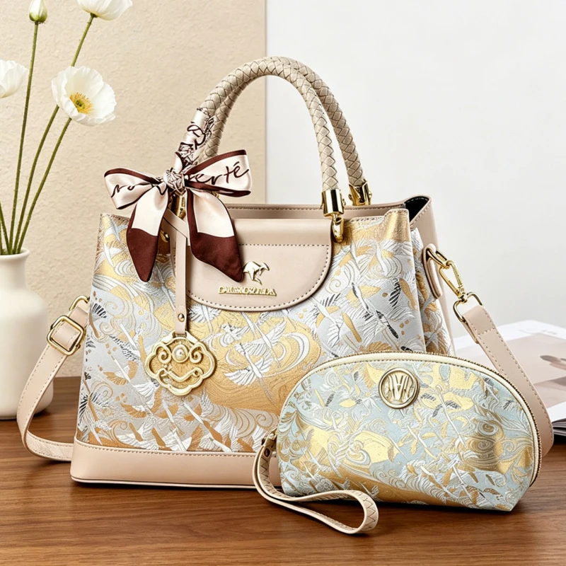 

2-piece set of high-end embroidered women's handbags, large-capacity women's shoulder bags decorated with silk scarves