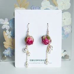 Elegant Immortal Rose Pearl Tassel Earrings Multicolor Natural Rose Flower Long Earrings Handmaking Dried Flower Jewelry Custom