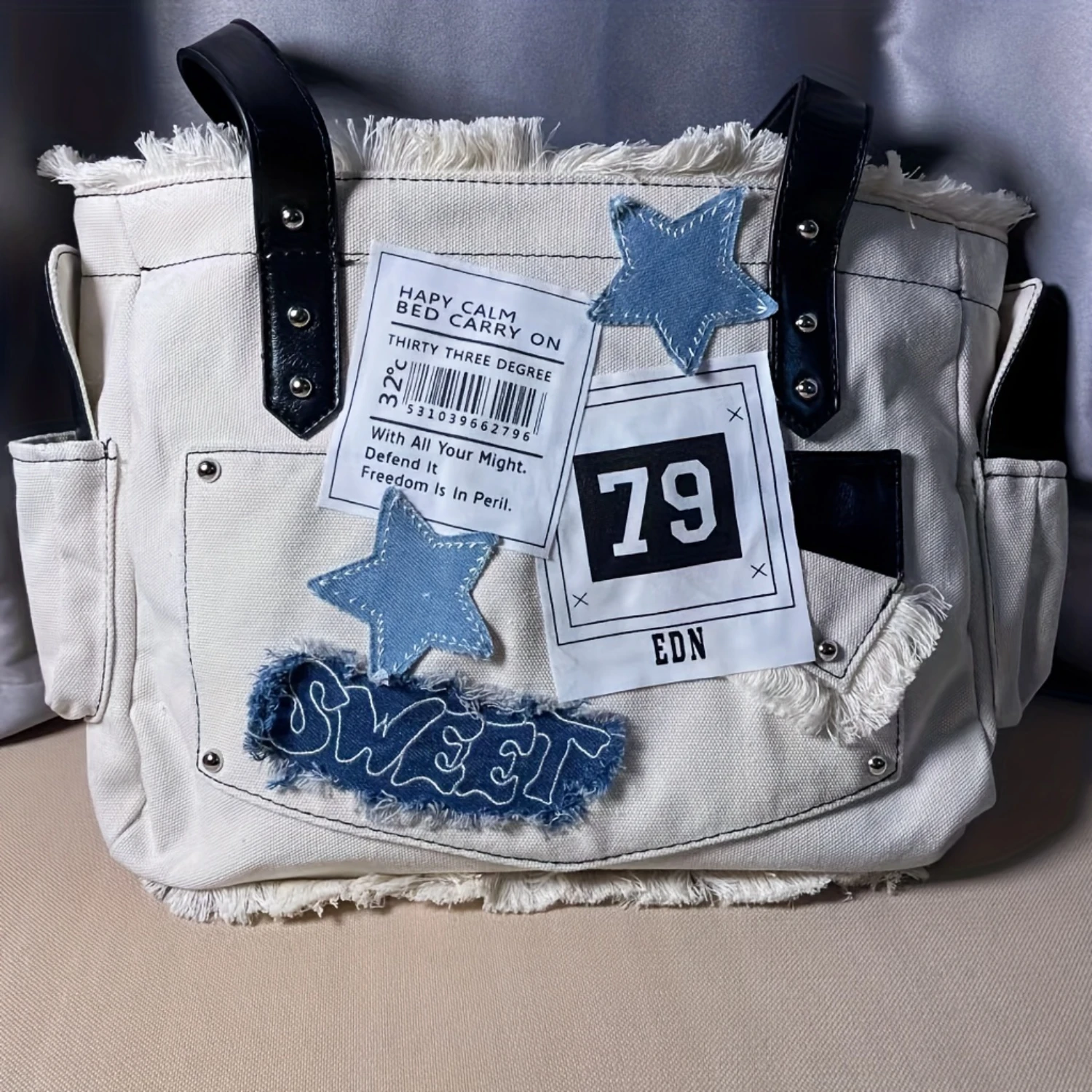 

Star & Letter Design Tote Bag For Women, Y2k Street Style Fashion Canvas Handbag, Large Capacity Casual Shoulder Bag