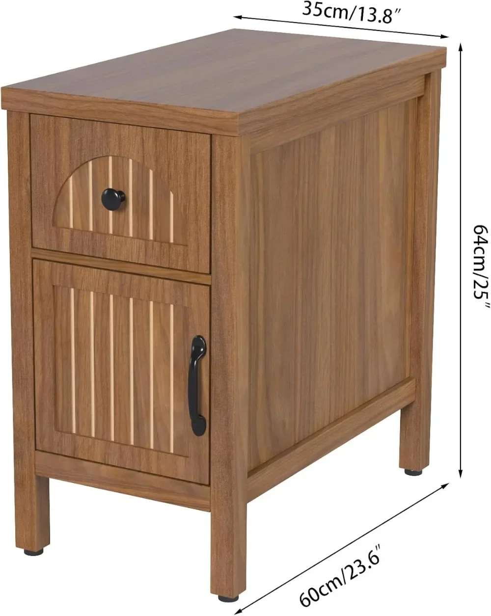 Small Side Table, Wood Narrow End Table with Door, Fluted Side Table, Small Bedside Table with Drawer,Bedroom, Walnut