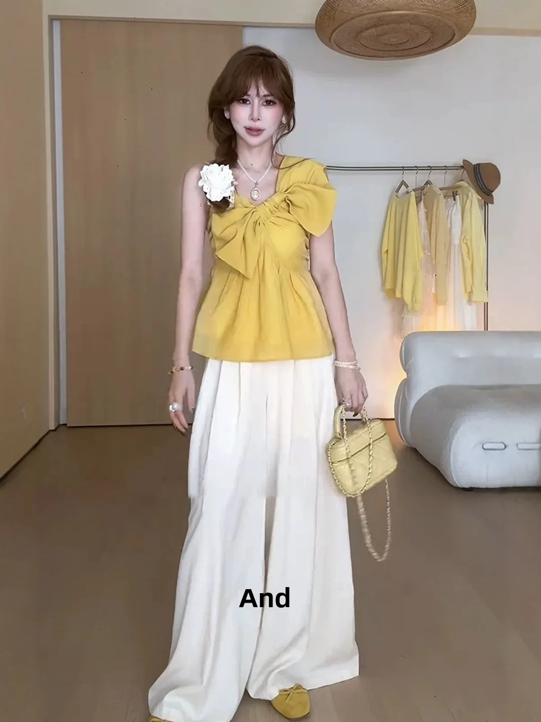 Sweet Knot Asymmetrical Shoulder Strap Vest Women's Summer Short Doll Shirt Pure Desire Top Commute Style Waist-Cin...