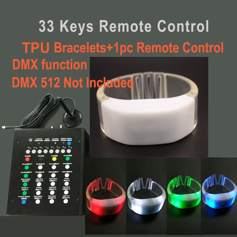 

LED Silicone TPU Nylone DMX Glowing Wristbands for Bar Party Music, Club and Event, 33 Keys Remote Control, 300 PCS+1PC Remote