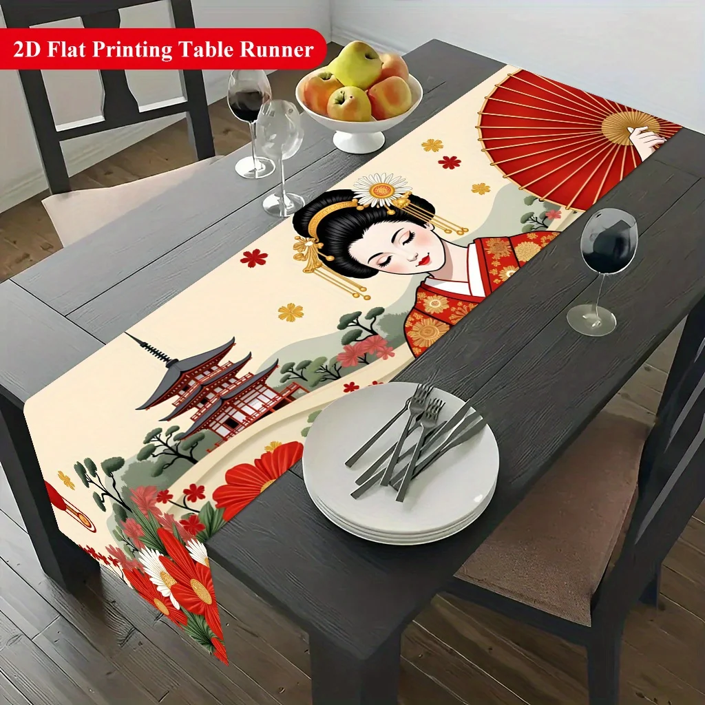 Traditional Geisha Kimono Pattern Table Runner - Vibrant Festive Decor for Dining & Coffee Tables, Home Parties & Holidays