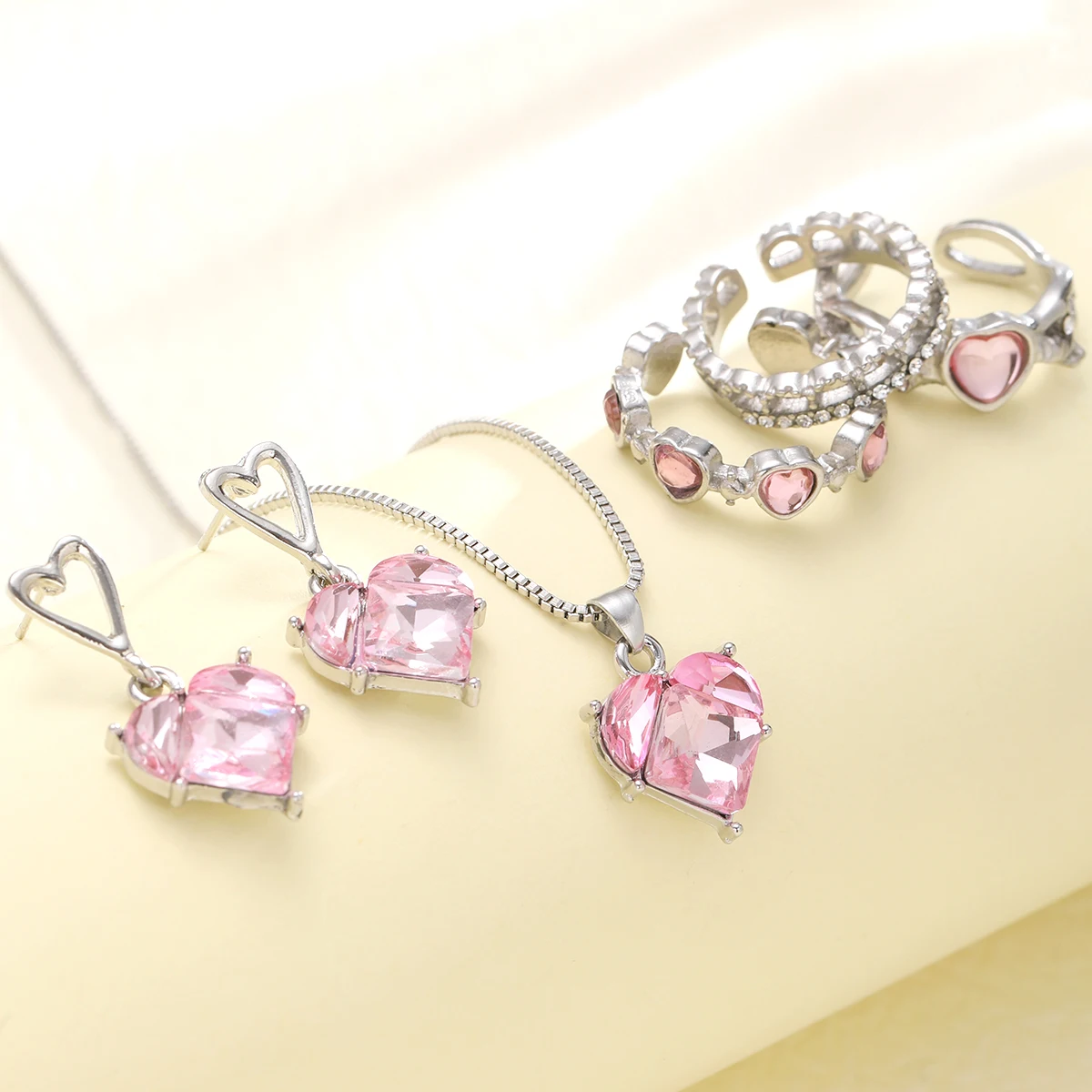 New Pink Crystal Heart Jewelry Set for Women Simple Y2K Zircon Love Elegant Pendant Necklaces Ring Drop Earring Girls Gifts 2024