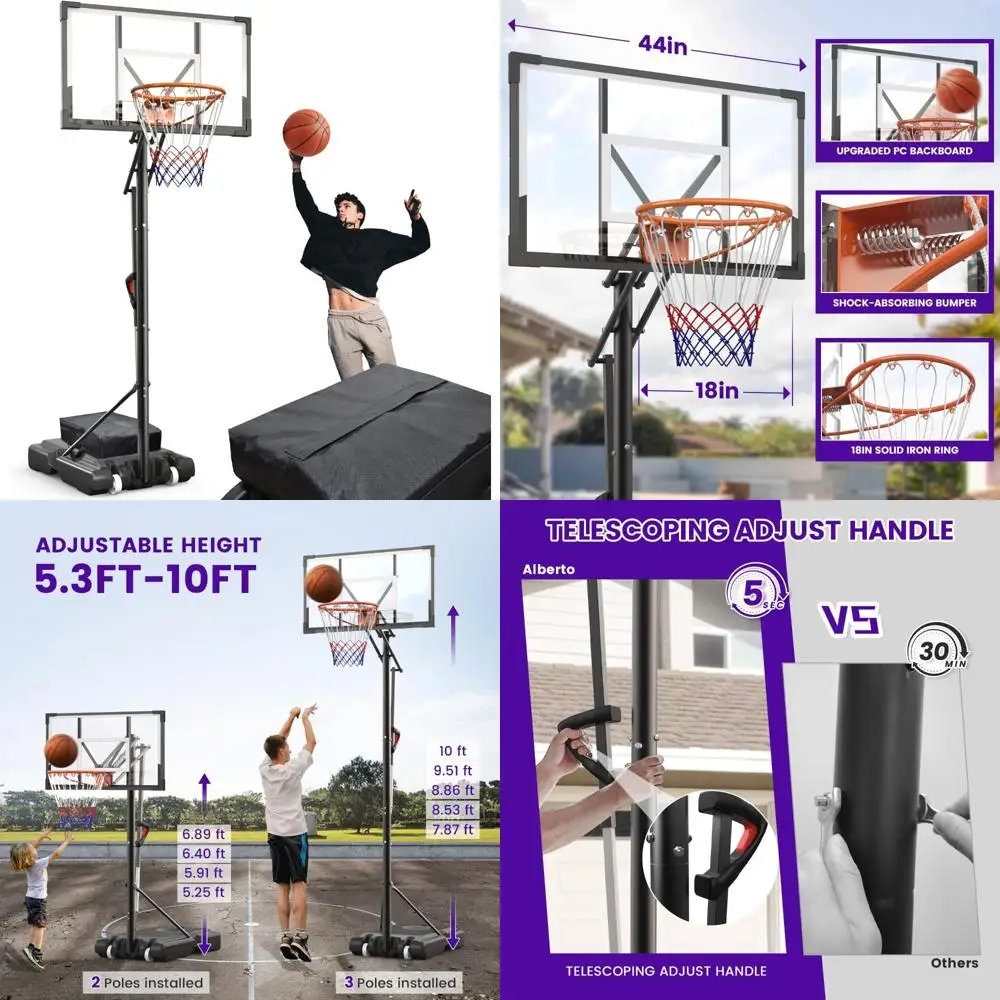 Adjustable Height Outdoor Basketball Hoop System 5.3-10FT, 43.3 PC Backboard for Kids & Adults, Ideal for Courtyard Play