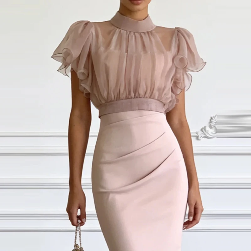 

2026 Chiffon Patchwork Short Sleeved Summer Outfit Office Temperament High Waist A Line Skirt Set Elegant Wrap Hip Party Suits
