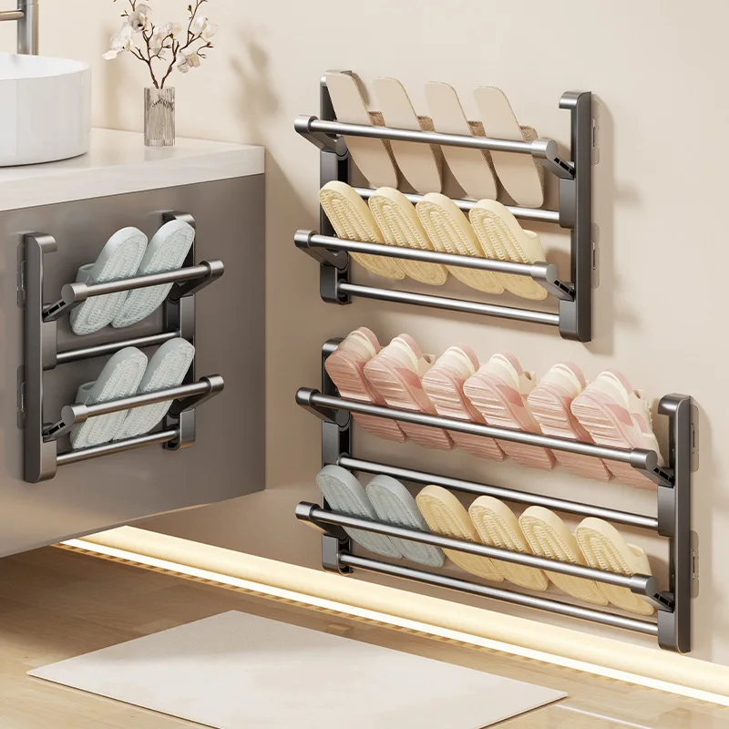 

1PCS Foldable Slippers Rack Wall-mounted Punch-free Double Layers Slipper Hanger Shoe Shelf Bathroom Shoes Drying Organizer Rack