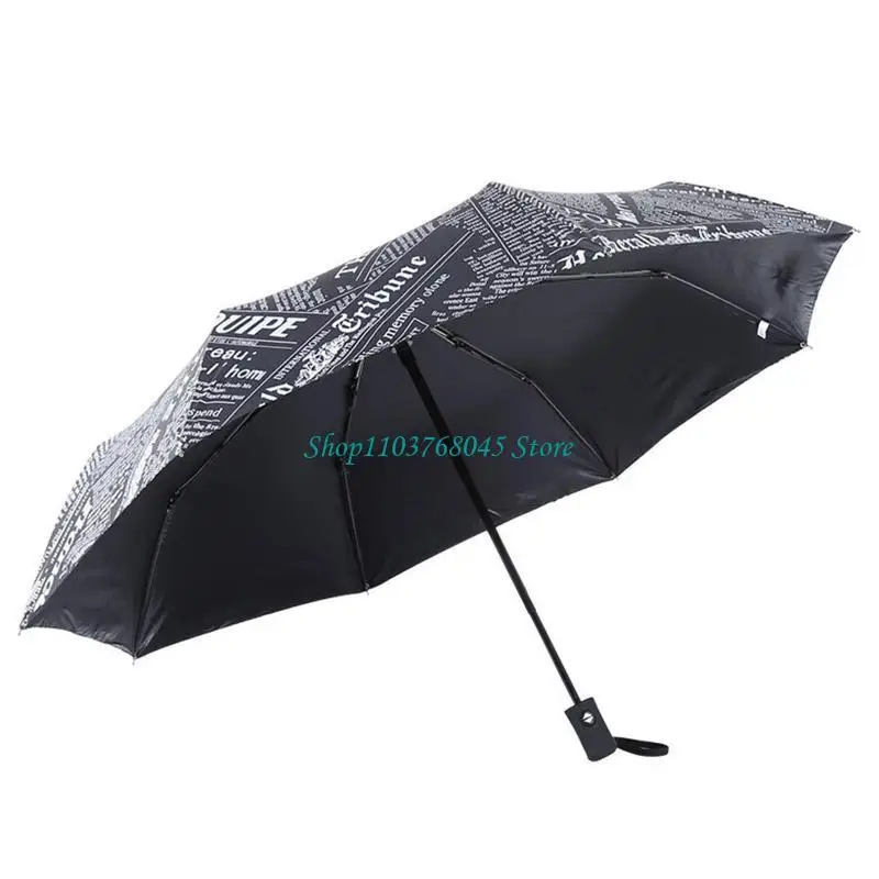 R53F Fully Automatic Newspaper Printing Three Folding Umbrella Unisex Retro Umbrellas for Outdoor Traveling Camping Rainy