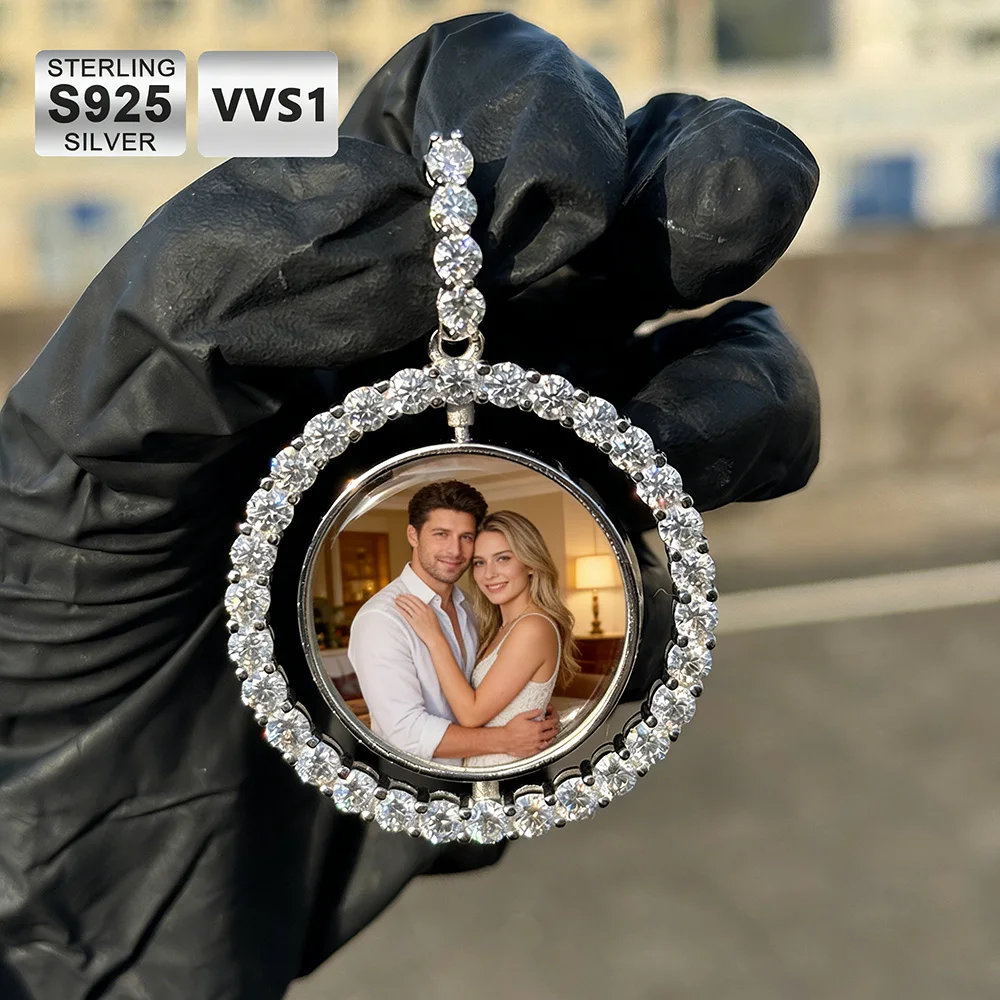 ICEBLIGN Custom Moissanite Photo Pendant 925 Silver Double Sided Rotating Circle Personalized Picture Necklace for Family/Love