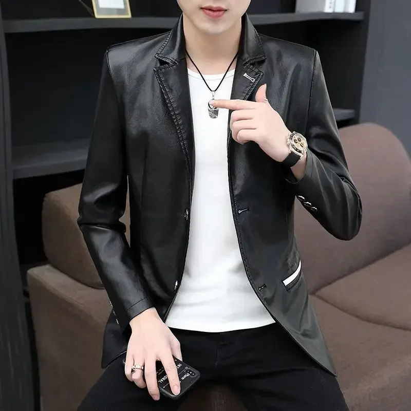 Coat Leather Male Blazer Single Breasted Men\'s Suit Jackets Thin Slim Fit High Quality New In Fashionable Korean Style Clothes