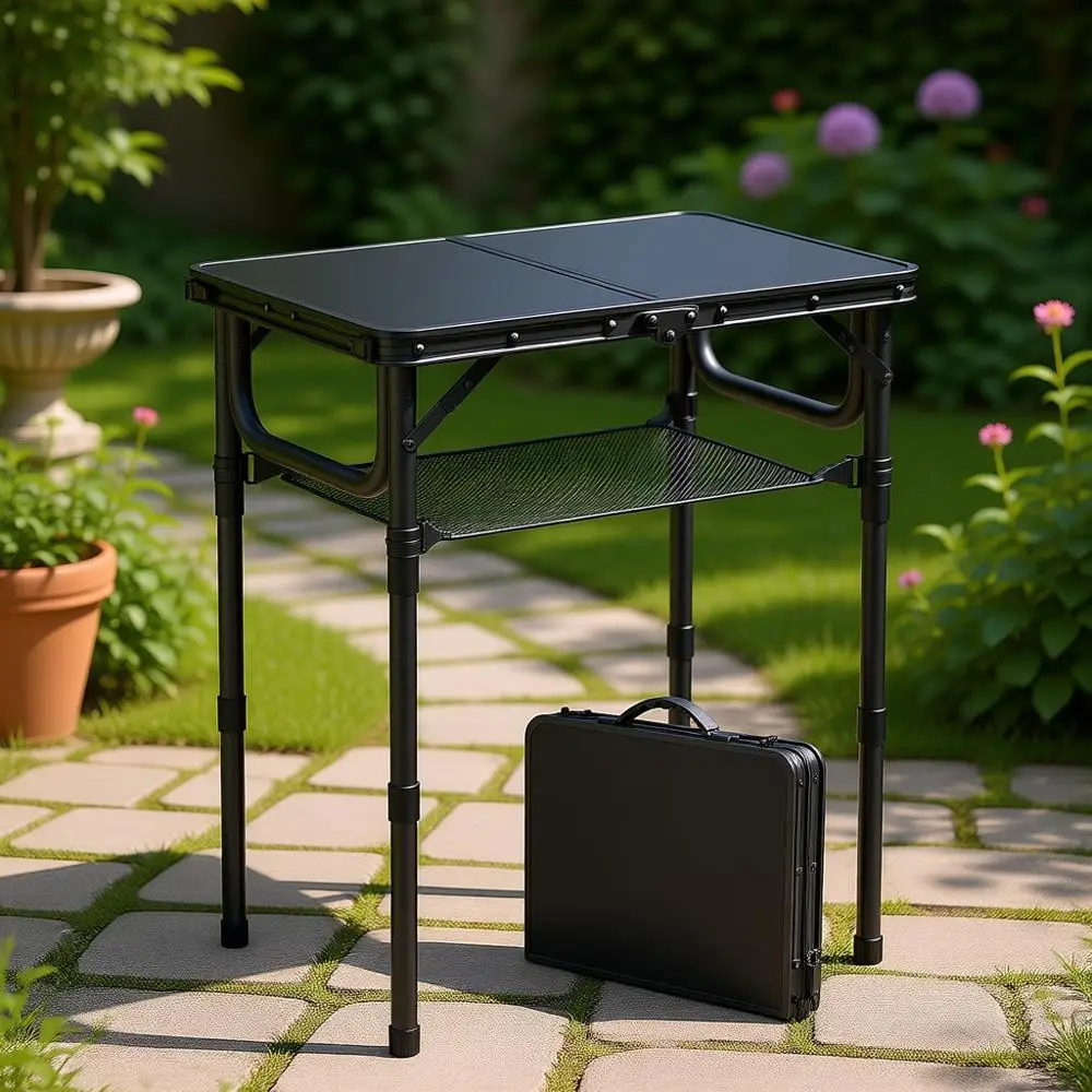 

Portable Folding Camping Table with Storage Net, Black, 23.2 x 16 Outdoor Table with Adjustable Height up to 27.5, Lightweight,