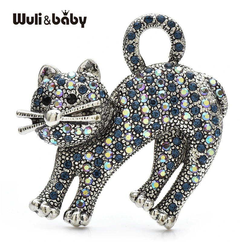 Wuli&baby Vintage Rhinestone Cat Brooches For Women 4-color Shining High Quality Pets Animal Party Office Brooch Pins Gifts