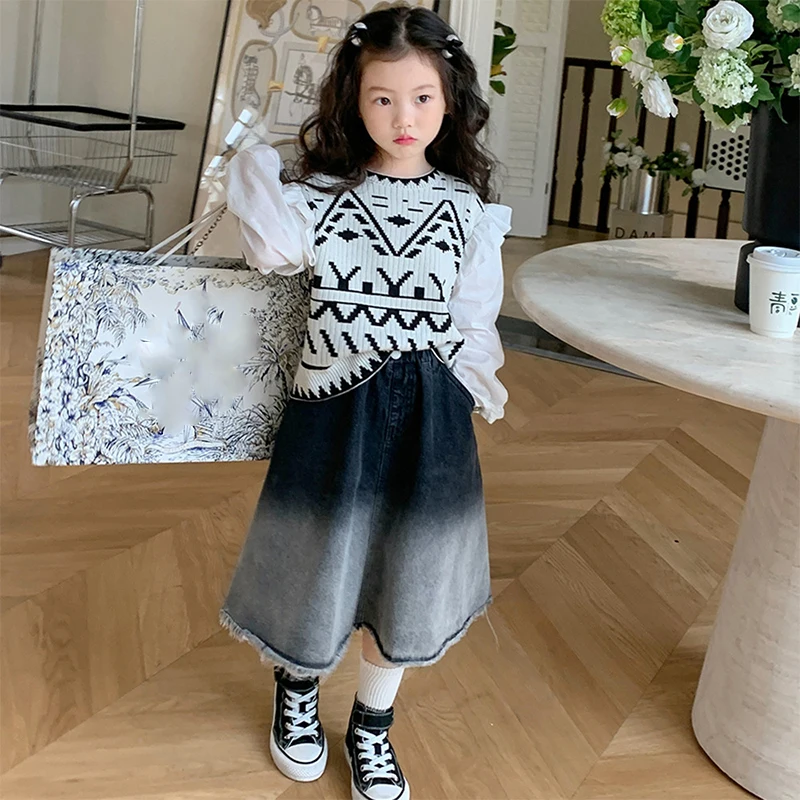 Spring Autumn Girls\' Denim Skirt 2023 Summer New Korean Baby Kids Retro Gradient Skirt Children\'s Fashionable Long Skirt