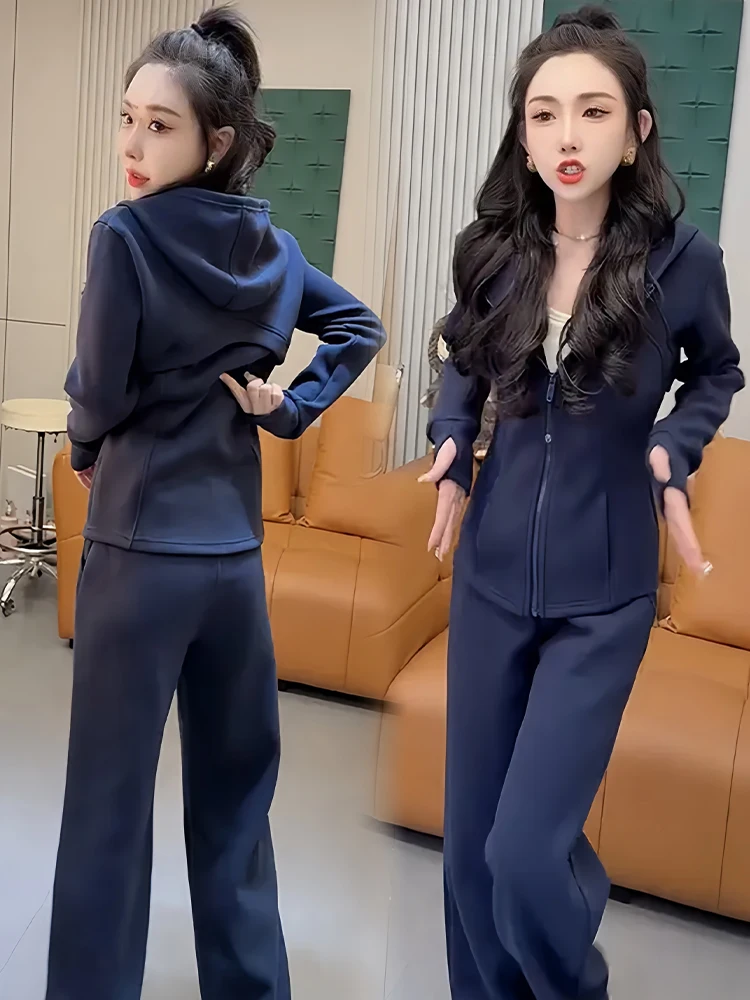 캐주얼 스포츠웨어 세트 여성용 루즈핏 후디 와이드 레그 팬츠 투피스 세트 가을 겨울 신상 플러스 사이즈 패션