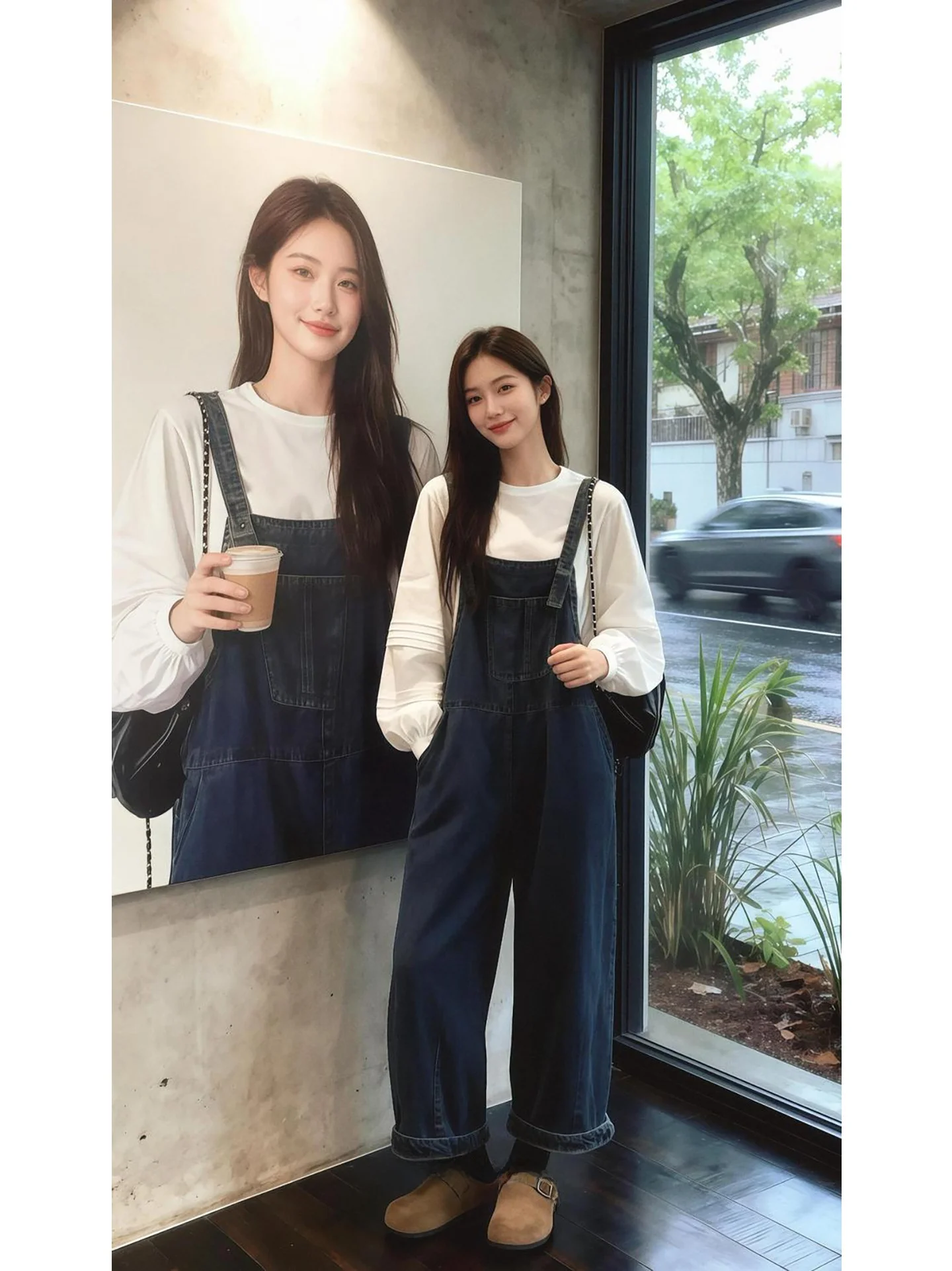 

Summer Casual Sweet Washed Vintage Denim Overalls Bubble Shirt Layering INS Fashion Set High Waist Long Sleeve round Neck