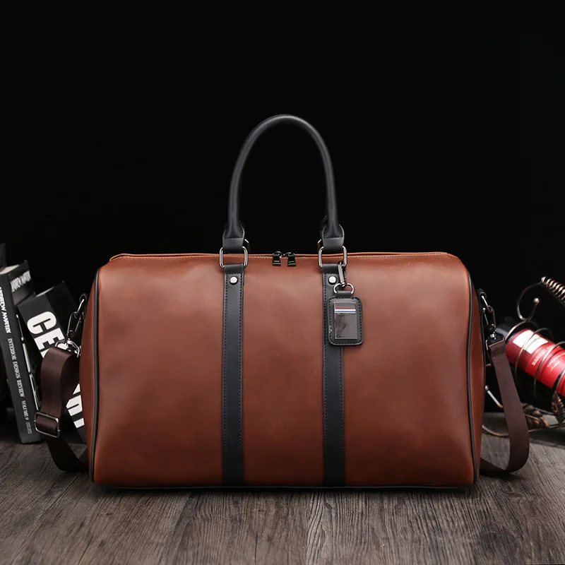 Vintage Men's Travel Tote Duffle Gym Bag Crazy Horse PU Leather Handbag Business Fitness Pocket Luggage Shoulder Sports Bag