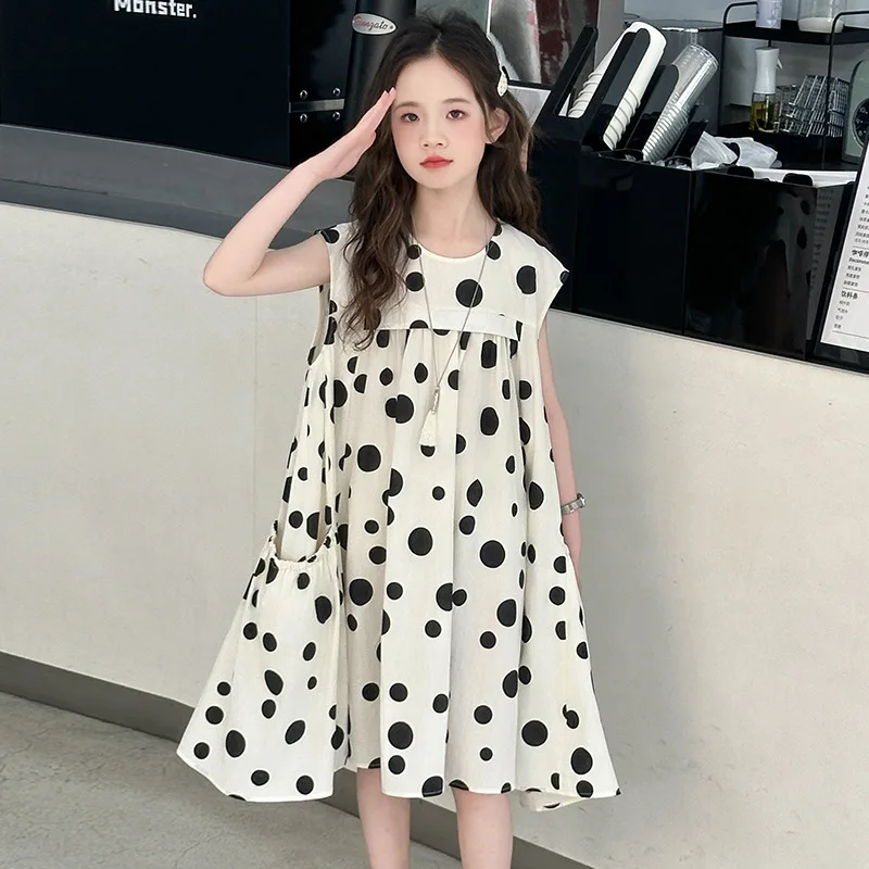 Girls' Dress Breathable Cotton Skirt 2025 Summer New Polka Dot Refreshing Korean Temperament Big Children's Princess Skirt