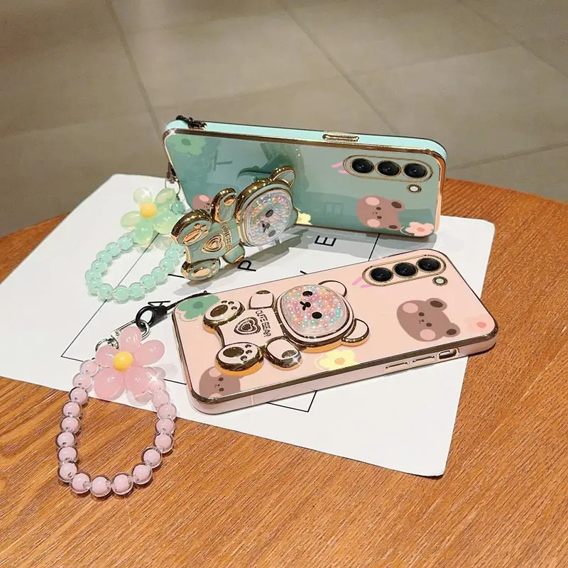 Flower Strap Lanyard Cute Bear Phone Holder Case On For Samsung Galaxy S24 S8 S9 S10 S20 S21 S22 S23 Ultra Plus FE Stand Cover