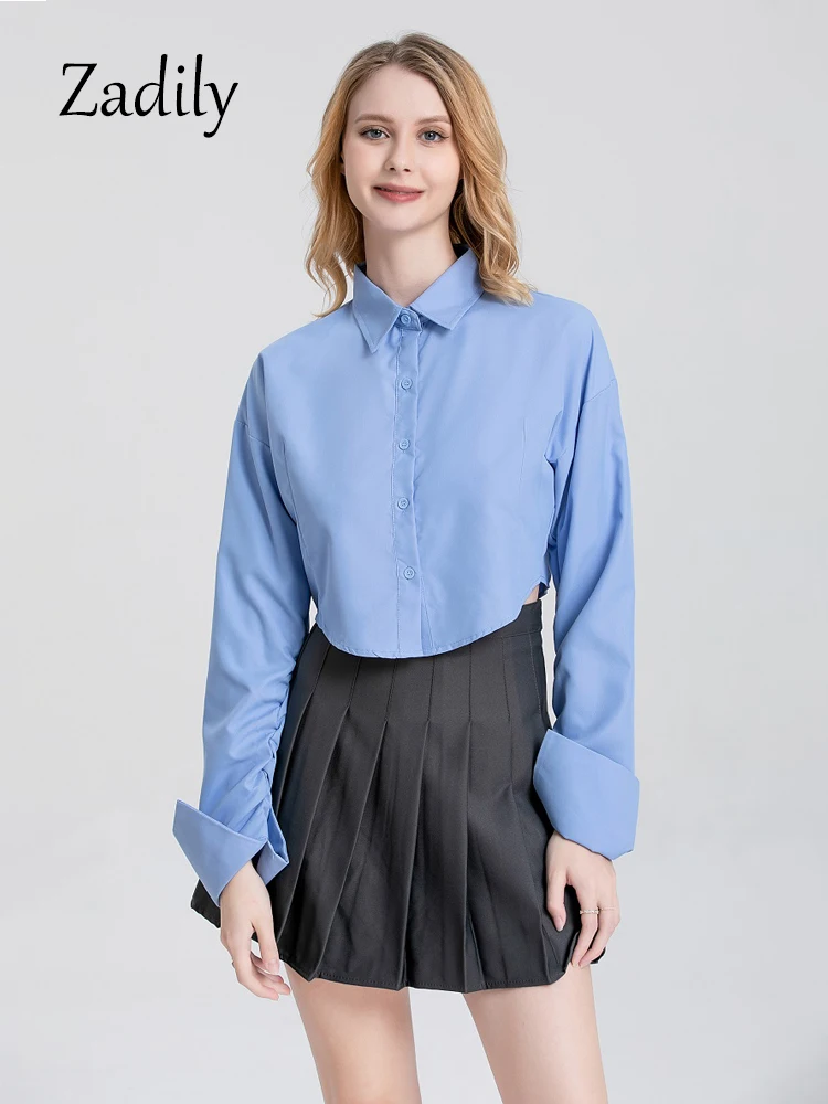 Women\'s Long Sleeve Blue Crop Top, Korean Style, Button Up, Minimalist Female Tops, Work Clothing, Office Lady, Summer, 2024