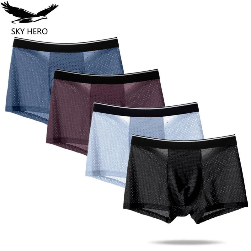 4pcs/Lot Ice Silk Men Underwear Boxers Panties Underpants for Male Mesh Man Shorts Calzoncillo Hombre Cuces