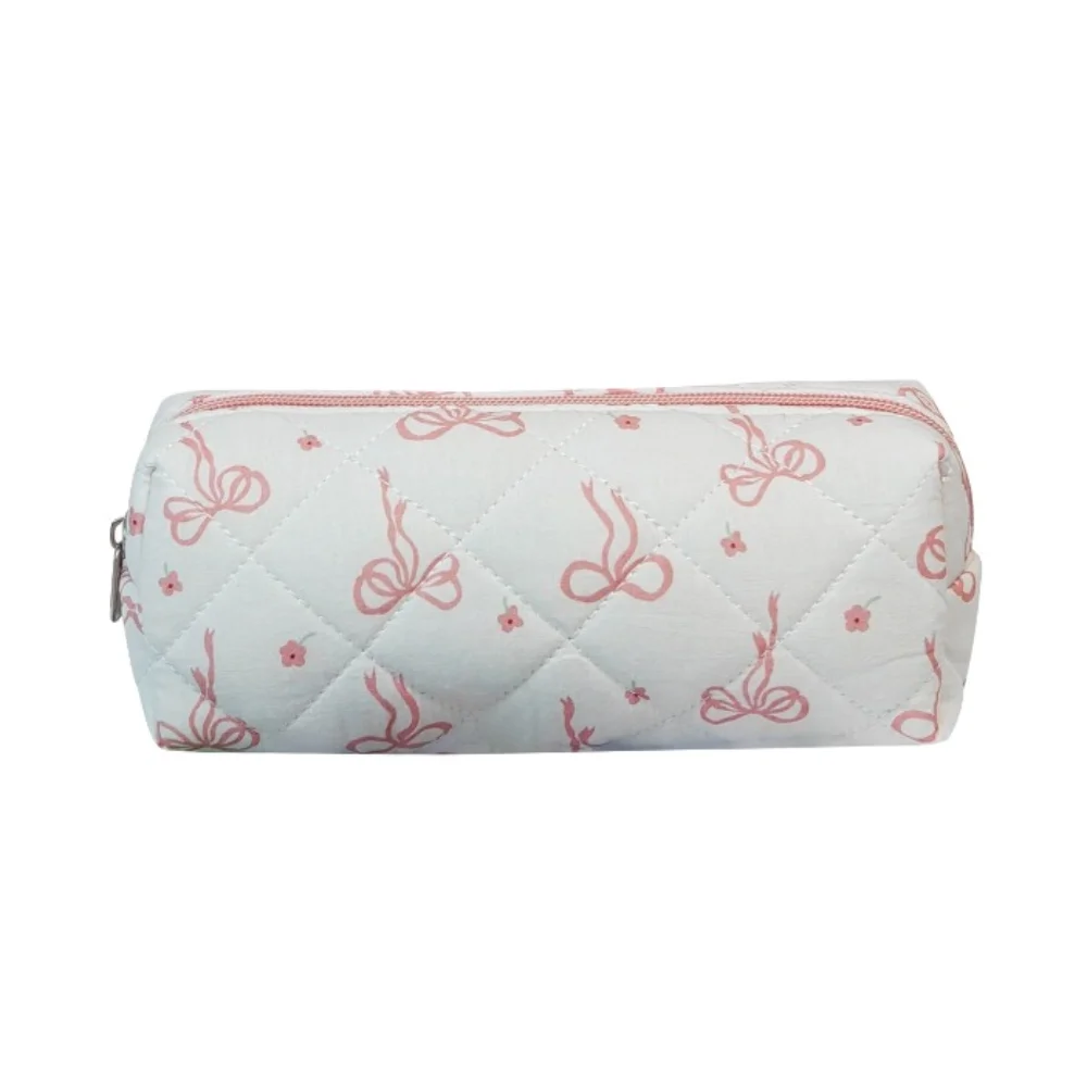 Fashion Korean Style Cosmetic Bag Zipper Multi-size Makeup Quilted Bag Plaid Pink Bow Handbag for Women Girls