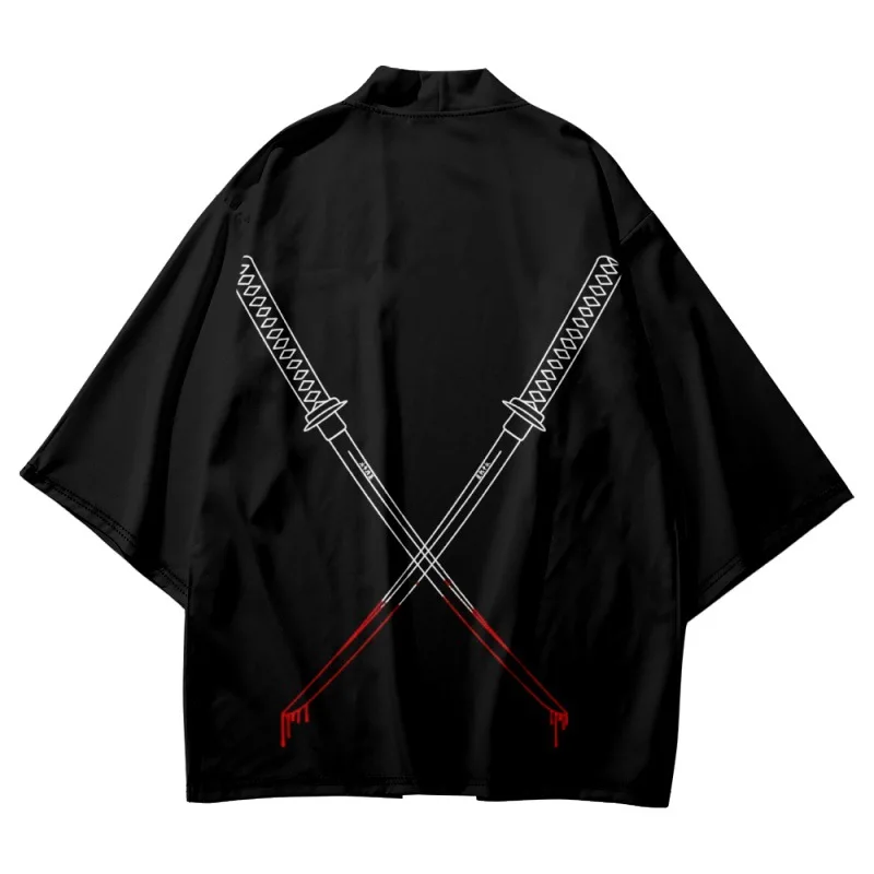 

Black Streetwear Katana Print Haori Fashion Men Women Cardigan Beach Yukata Asian Clothes Japanese Cosplay Kimono Plus Size