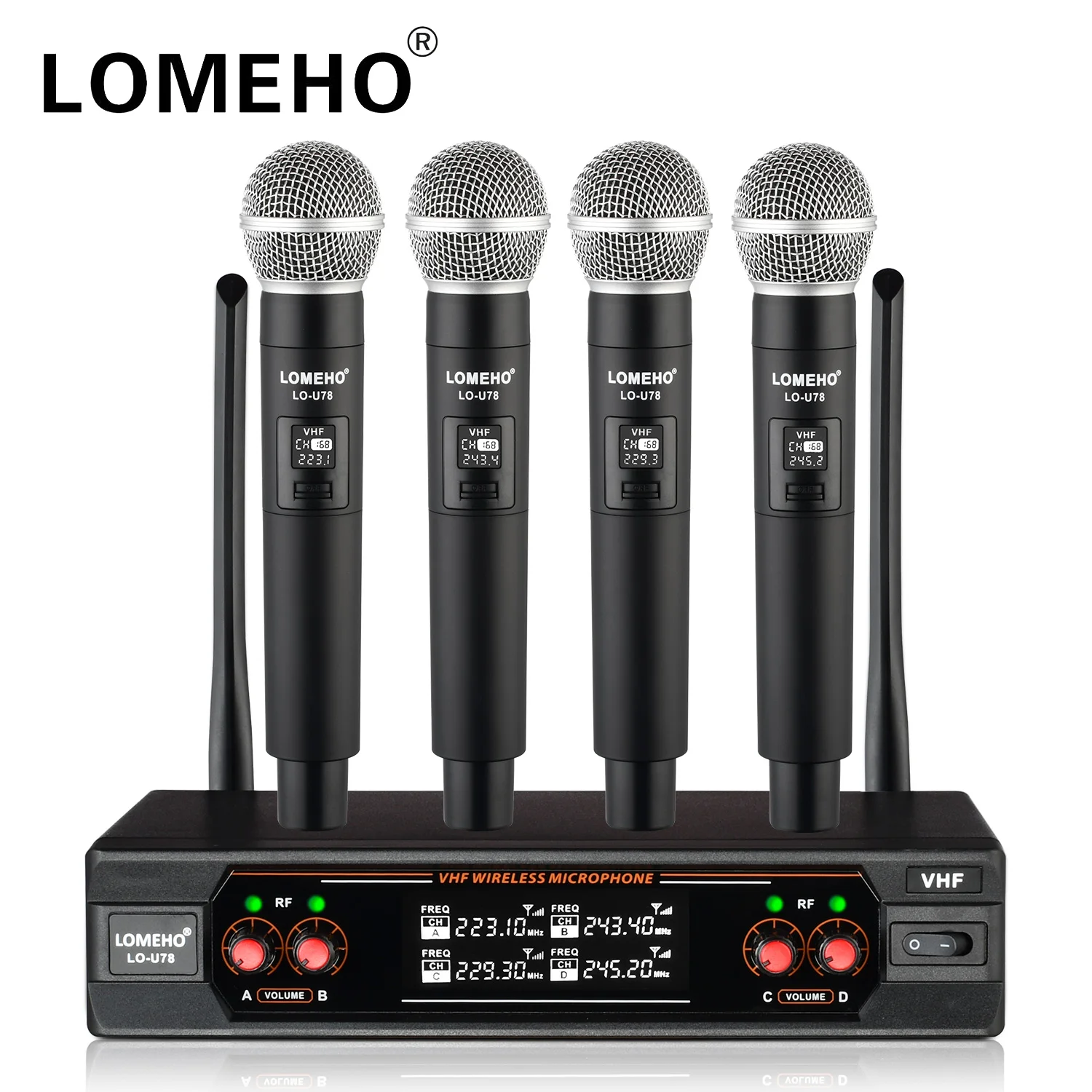 

LOMEHO 4 Handheld Wireless Microphone System VHF Fixed Frequency Cordless Karaoke Dynamic Mic LO-U78 for Home KTV Party School