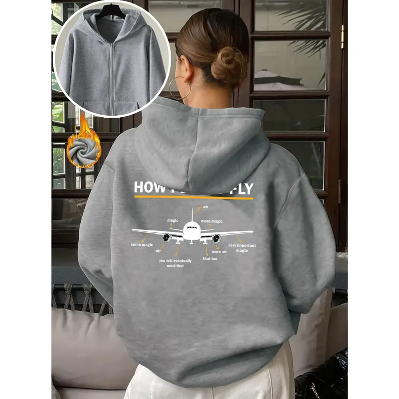 Women Zip Up Hoodie How Planes Fly Funny Airplane Diagram Print Long Sleeve Oversized Heather Gray Hooded Jacket Casual Pocket S