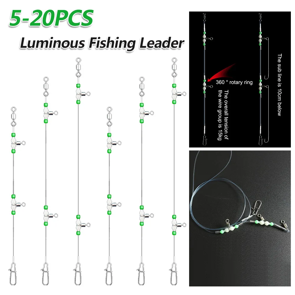 5/20PCS Night Glow Fishing Leaders Fishing Front Guide Line with Swivels and Snaps 360 Degree Rotating for Saltwater Freshwater