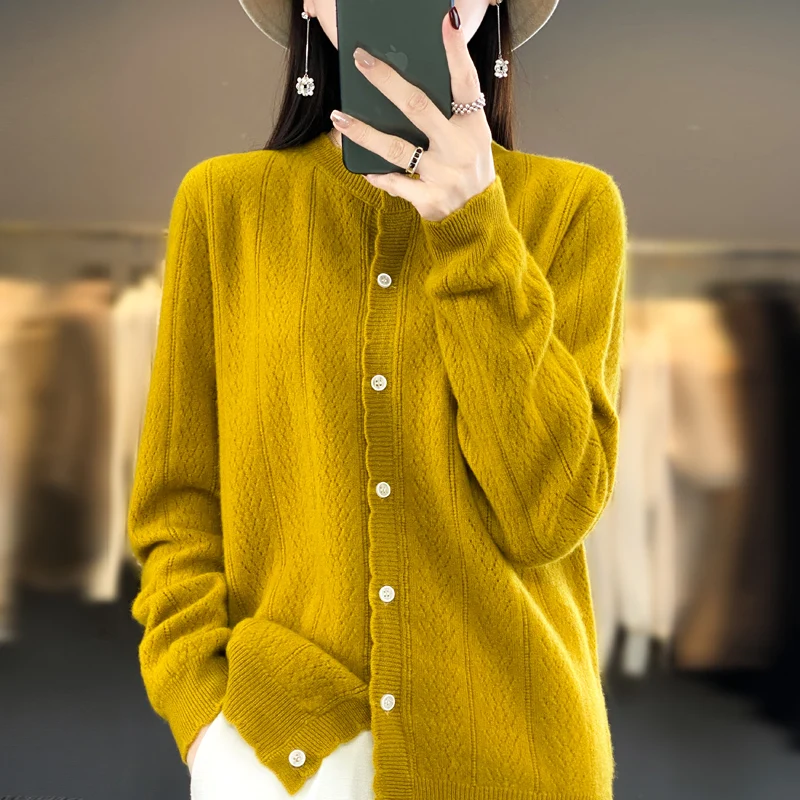 2024 Fashion Women\'s Knitted Cardigan 100% Merino Wool Korean Long Sleeve Sweater Autumn/Winter New Jacquard Knitted Cardigan