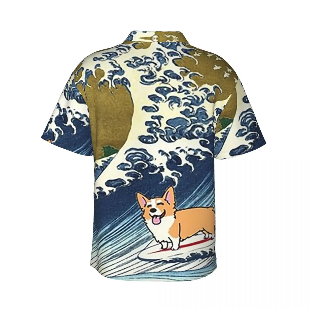 Corgi Dog Surfing The Great Wave Men's Shirts Hawaiian Short Sleeve Shirt Casual Button Tops for Summer Beach