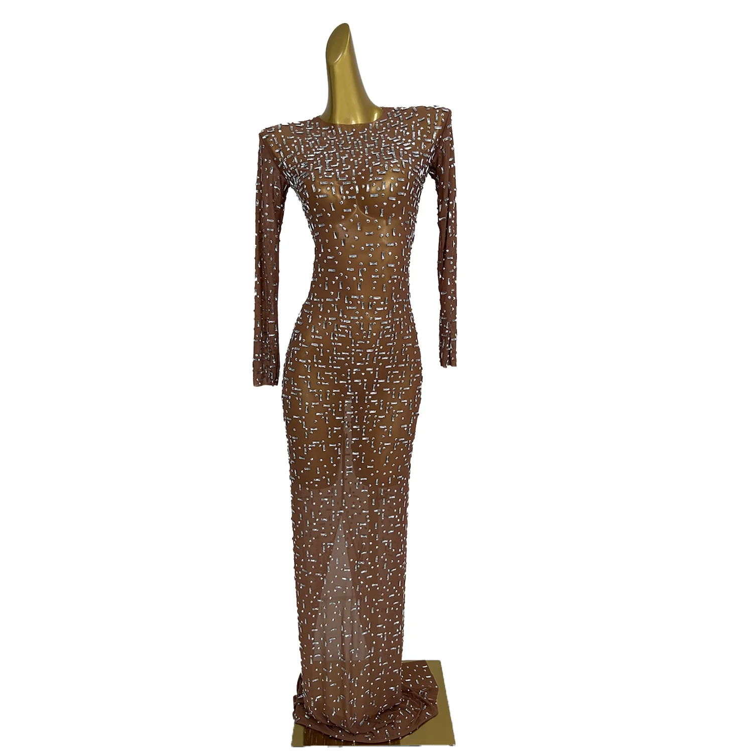

Luxury Sparkly Rhinestone Tight Fitting Long Dress Formal High-end See Through Mesh Dresses Sexy Ladies Party Prom Evening Gown
