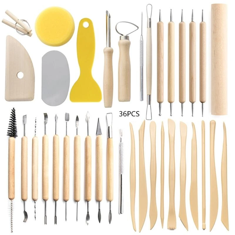E06B 36 Pcs Professionals Ceramic Clay Double-sided Dot Brush Modeling Cutting Tools with Carving Knife for DIY Graffiti
