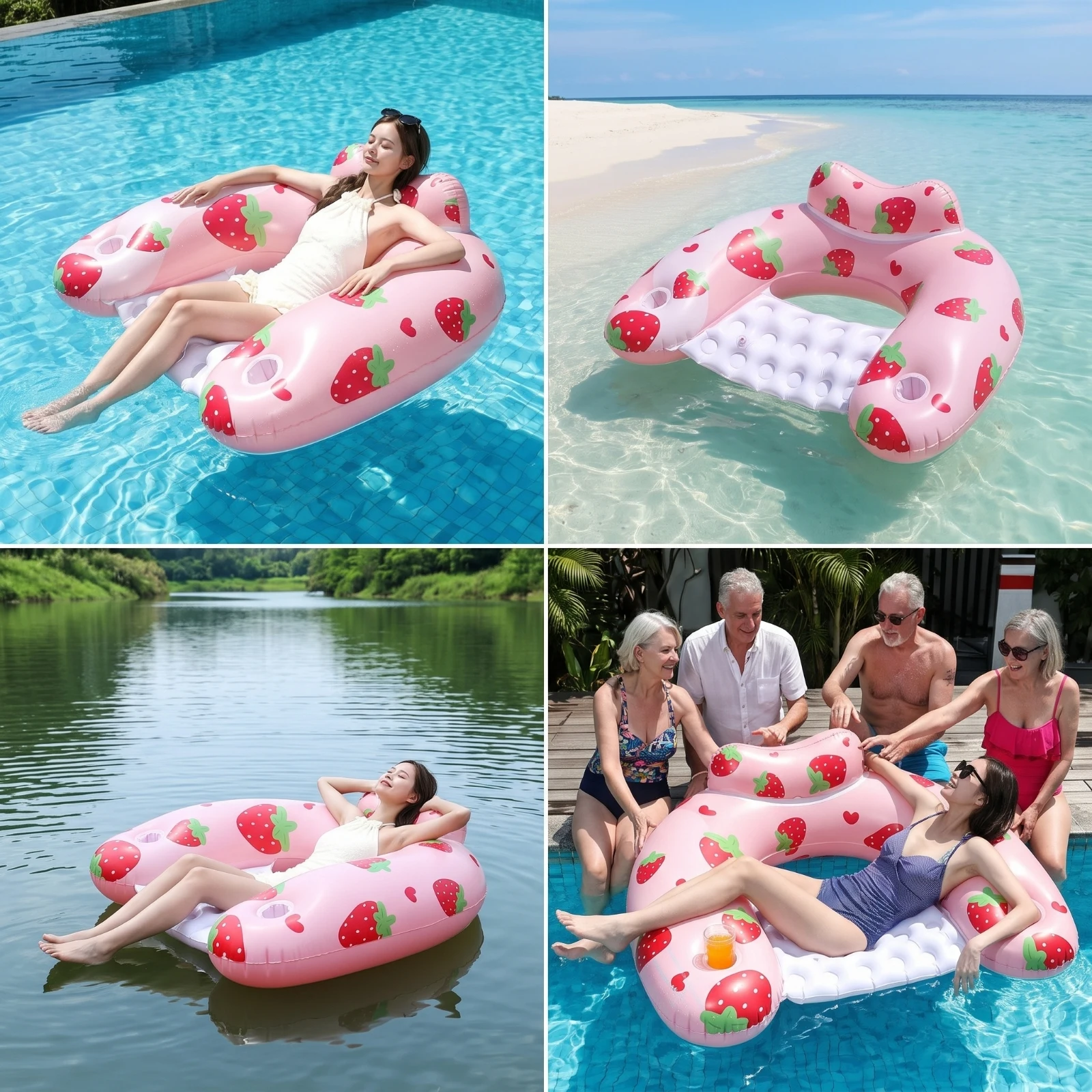 U-Shaped Lounge Lounger Cushioned Inflatable Pool Chair with Seat U-Seat Comfortable Strawberry Pool Float Supportive for Adults