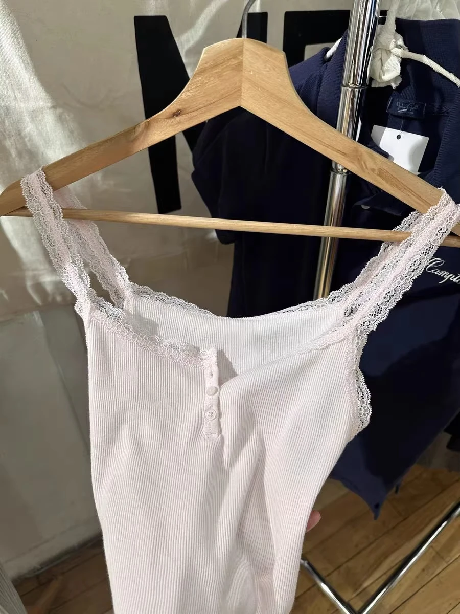 

Sweet Pink Lace Trim Ribbed Camisole Women New Casual Cotton Buttons Slim Sleeveless Vest All-match Simple Cropped Tank Tops Y2K