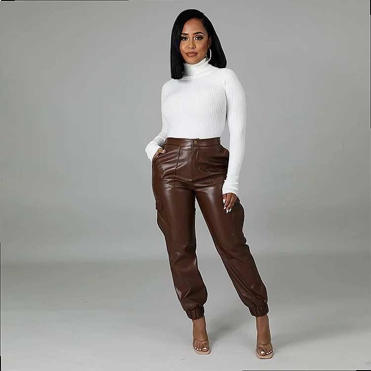 Fashion PU Leather Cargo Pants Loose Casual Joggers with Multi Pockets for Women Spring Summer