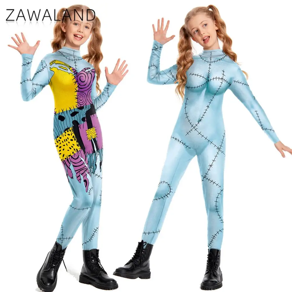 

ZWALAND Halloween Nightmare Sally Costume Patchwork Pattern Bodysuit Fancy Disguise Suit Carnival Party Girls Zentai Catsuit